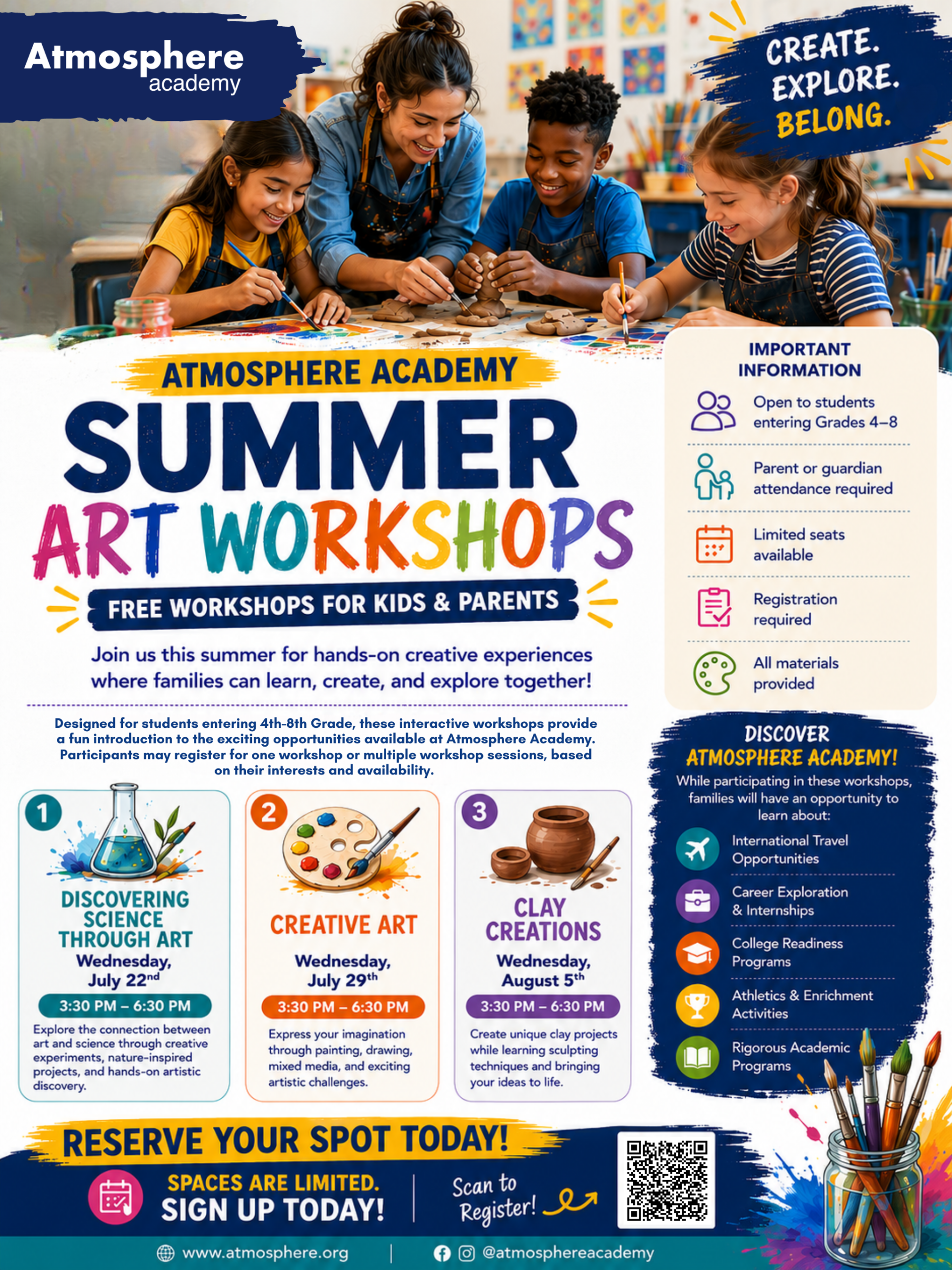 Atmosphere Academy Summer Art Workshops English flyer